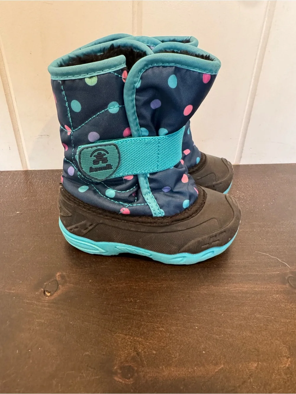 Kamik Kids Navy Snow Boots with Teal Trim and Multicolor Polka Dots